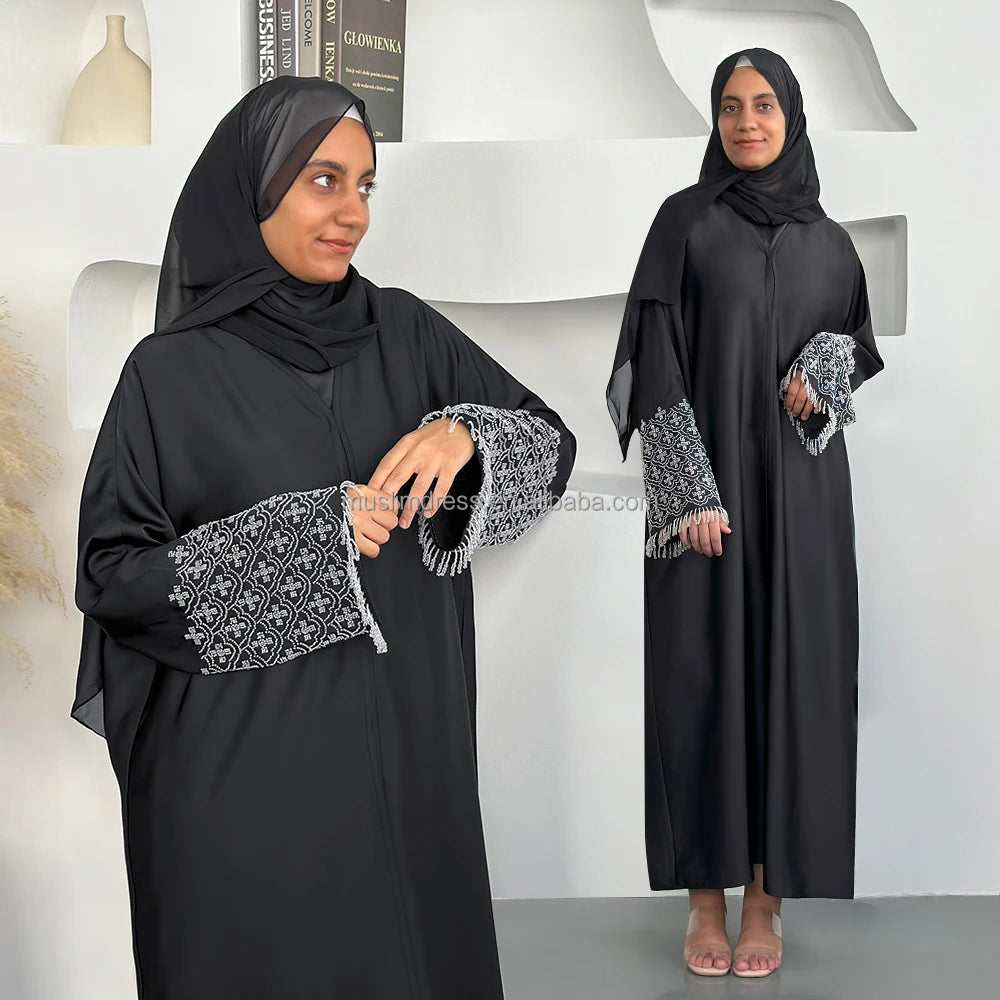 Luxury Dubai Front Open Islamic Women's Polyester Breathable Black Beaded Long Sleeve Abaya