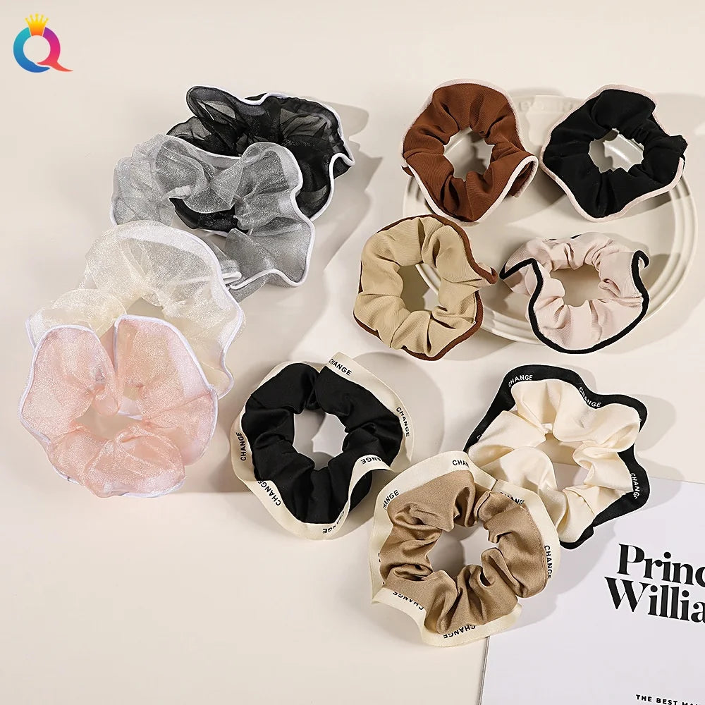 QIYUE Solid Color Elastic Hair Band Round Chouchou Ponytail Holder with Edge Fabric Scrunchies