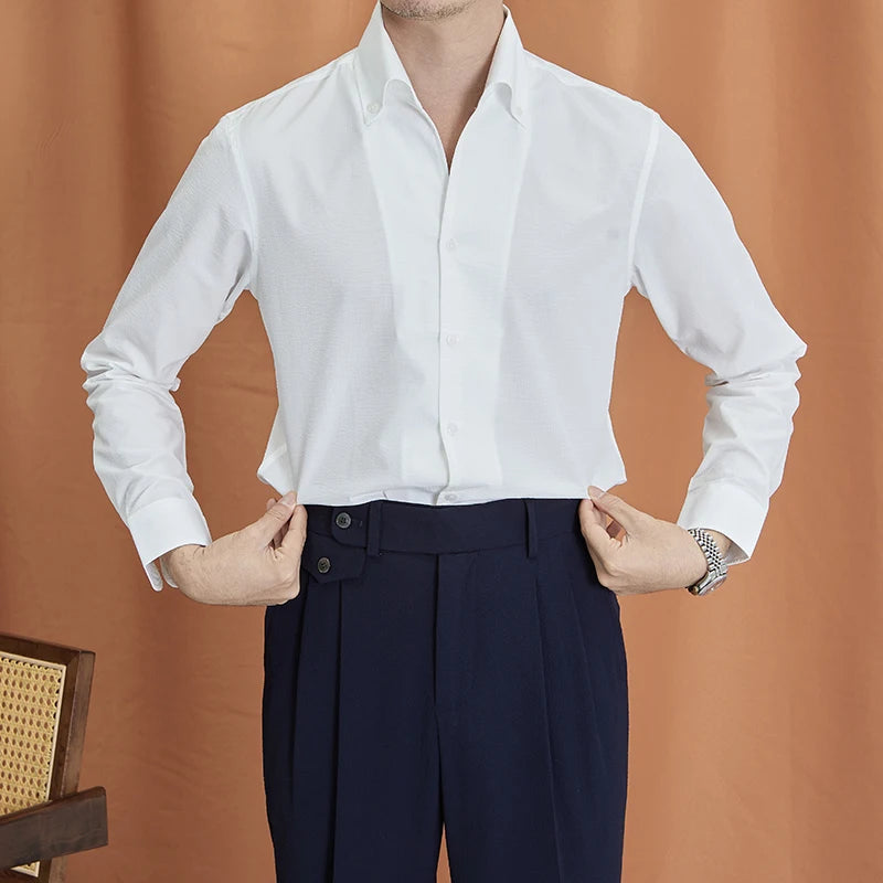 Summer Bubble Yarn V-collar Comfortable Breathable Long-sleeved Men's Shirt Gentleman Slim Business Anti-wrinkle Shirt for Men