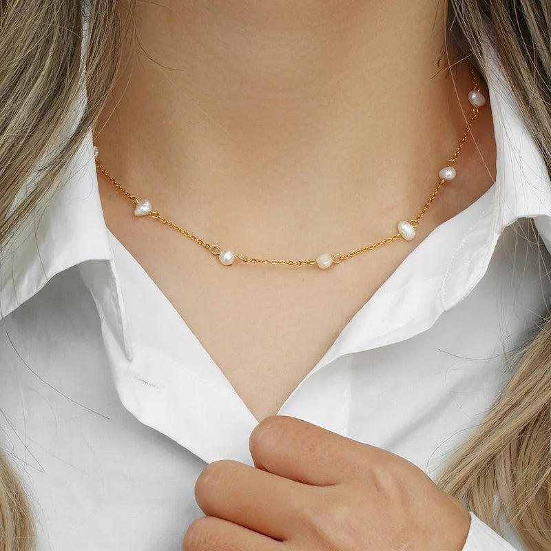 New Trendy Stainless Steel Pearl Necklace Jewelry 18K Gold Plated Chain Natural Freshwater Pearl Choker Necklace