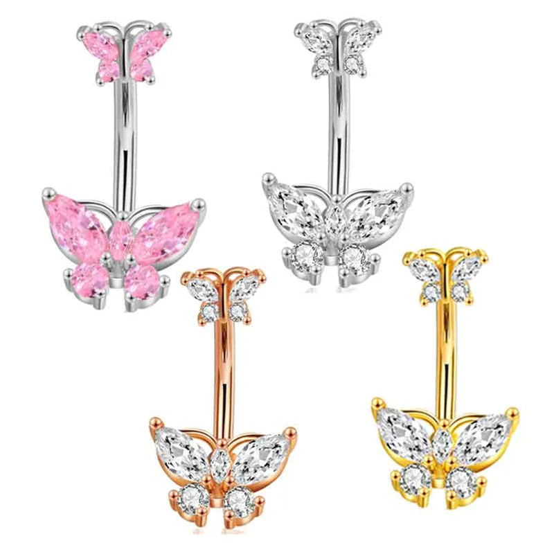 Pink Belly Button Piercing Rings for Women Butterfly Navel Ring Stainless Steel Barbell Body Piercing Jewelry 4 Color Av