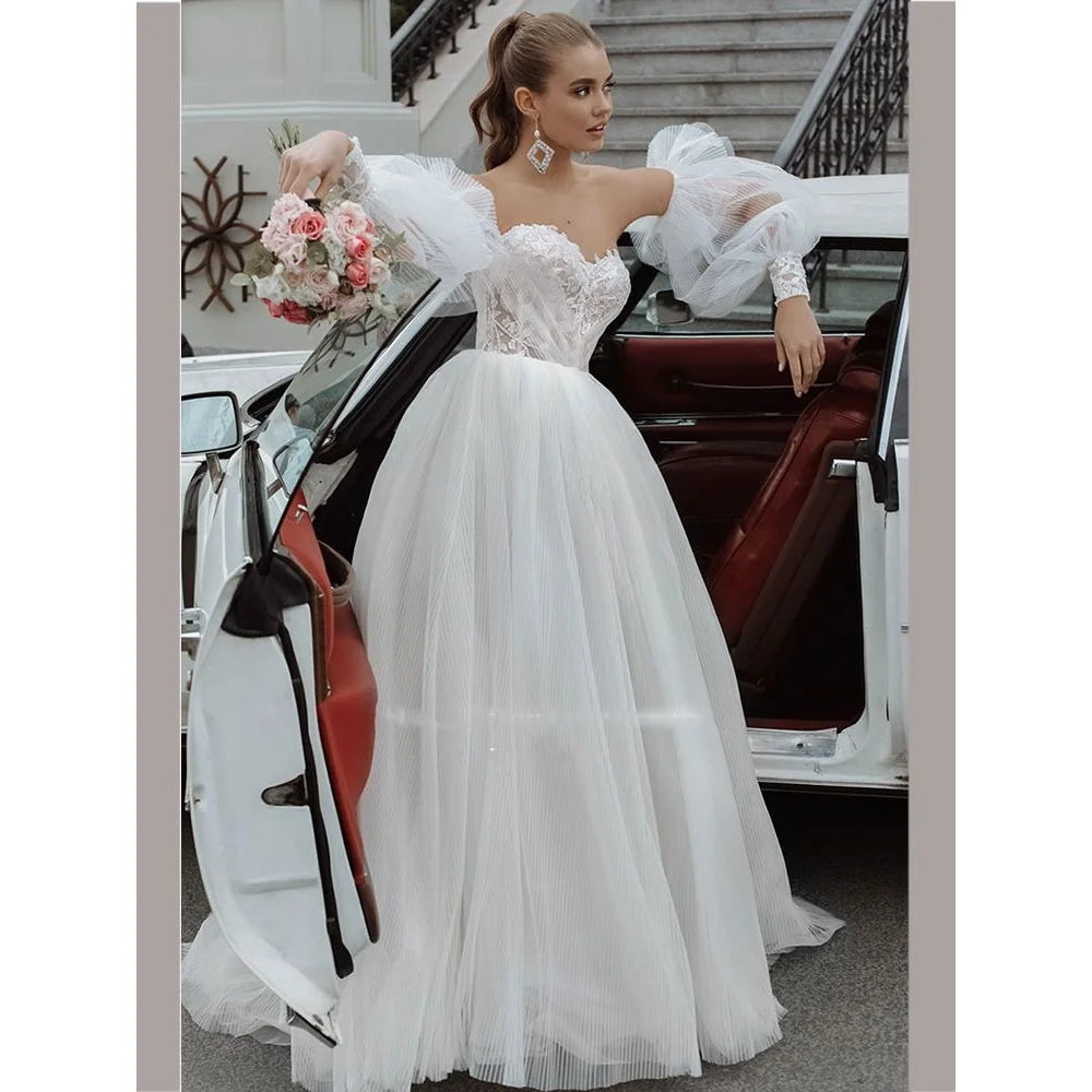 13616#Sweetheart Vestido De Novia Puffy Sleeves Outdoor Boho Soft Tulle Backless A-Line Ruched Lace Wedding Dress Bride Gown
