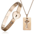 Valentine's Day Gift Lovers Jewelry Gift Couple Stainless Steel Key Pendant Necklace and Heart Lock Bangle  Bracelet Jewelry Set