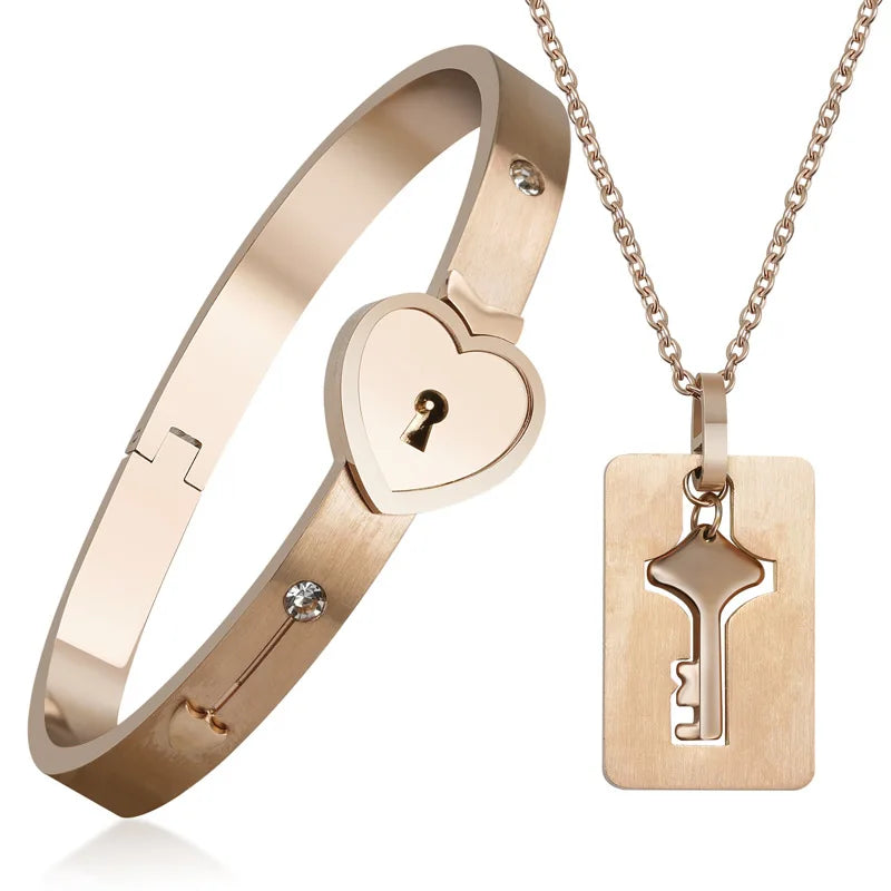 Valentine's Day Gift Lovers Jewelry Gift Couple Stainless Steel Key Pendant Necklace and Heart Lock Bangle  Bracelet Jewelry Set