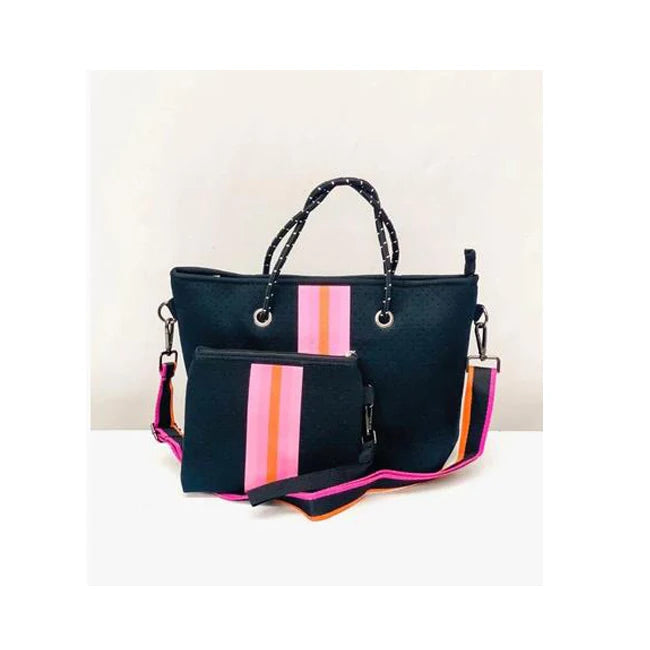 Solid Black & for Pink Striped Neoprene Tote/Backpack with Zipper Closure Portable Feature Removable Wristlet Pouch