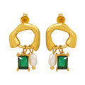 New Trendy Earring 18K Gold Plated Freshwater Pearl Green Glass Stone Pendant Stud Earrings Stainless Steel Earrings Wholesale