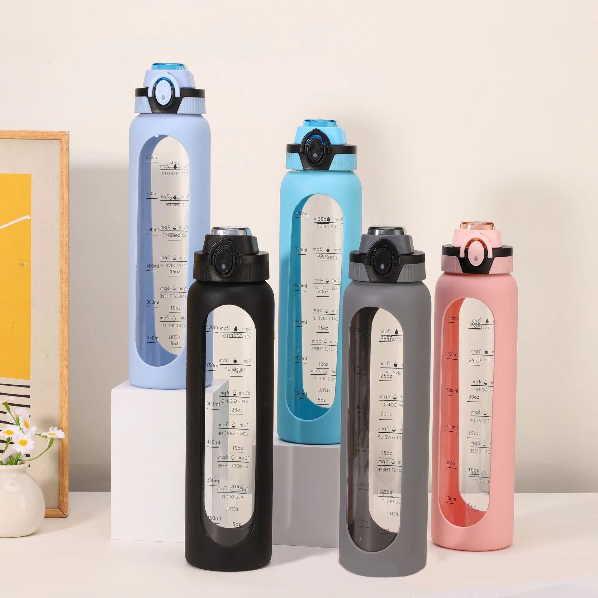 New motivational sport 1000 ml 1 l silicone sleeve bag cover time marker glass water bottle