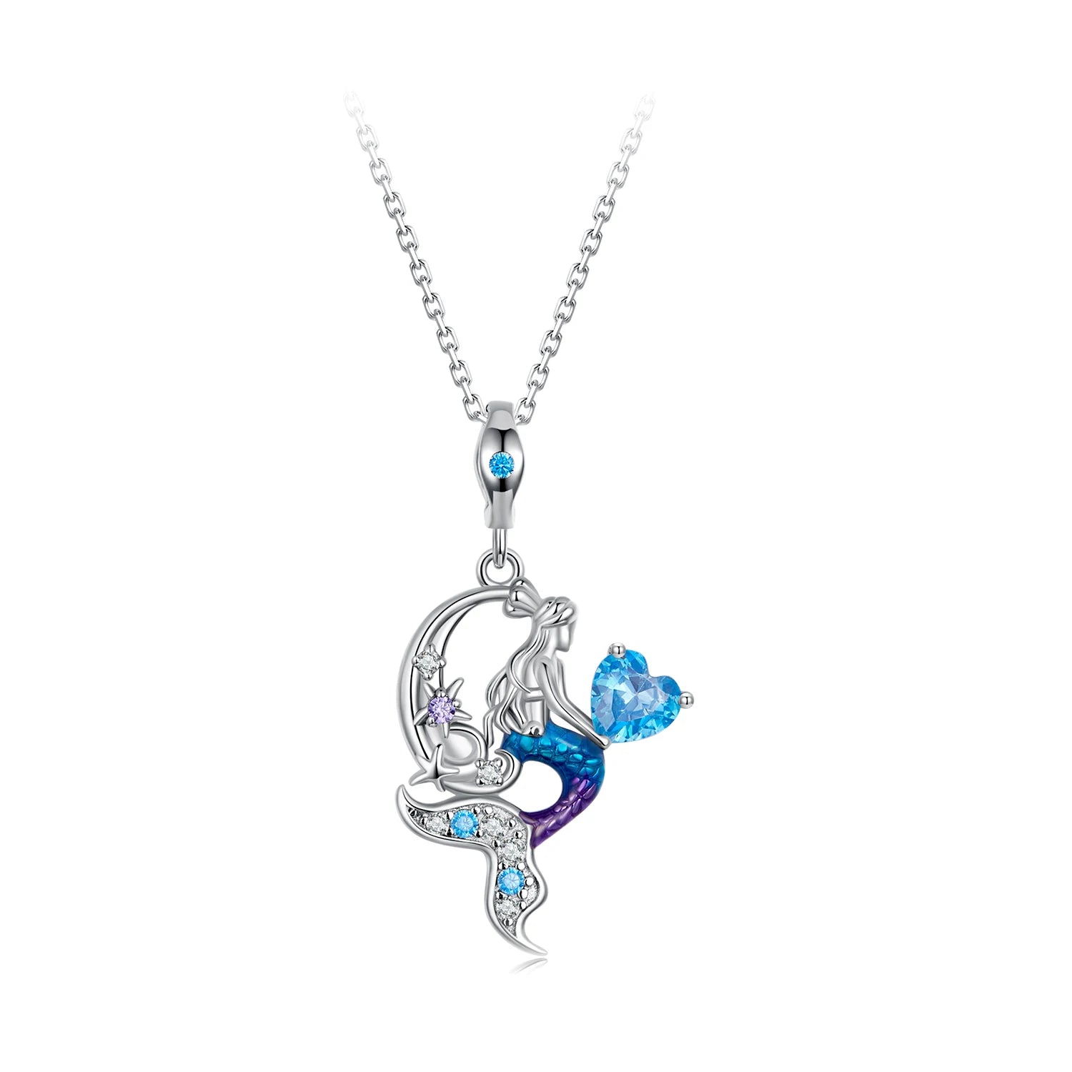 925 Sterling Silver Mermaid Necklace with Rhodium-Plated Heart CZ Pendant Fine Jewelry Link Chain Trendy Wedding Gifts for Women