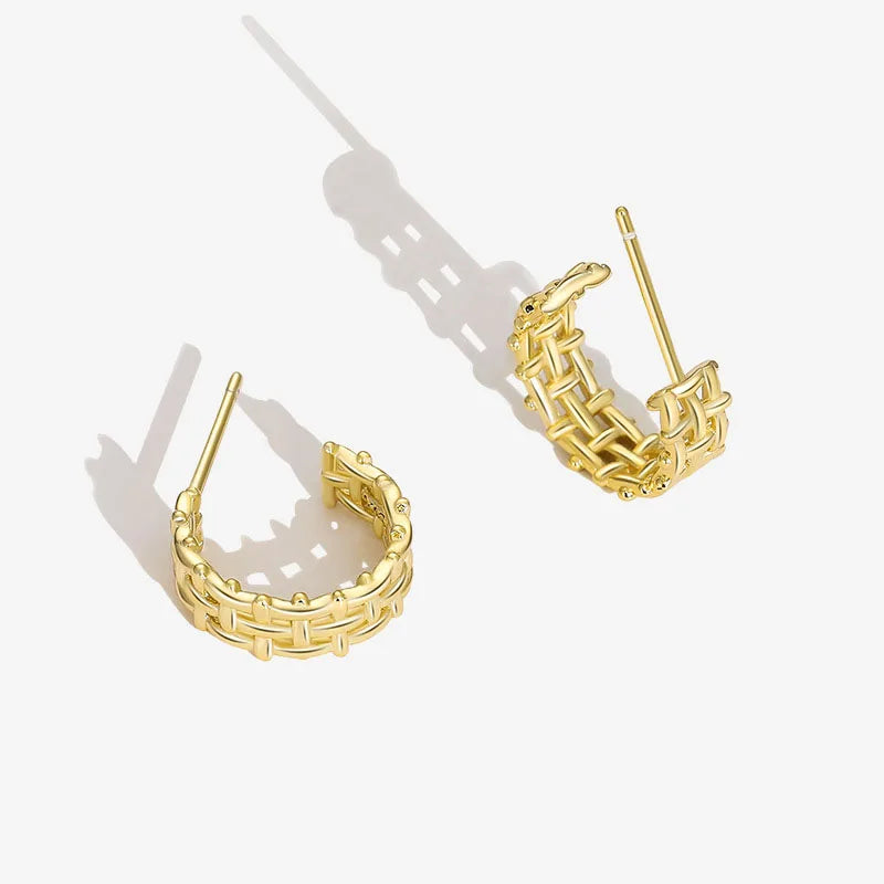 Rope Like Texture Hollow Weave C Shaped 18k Gold Plated Twisted Stud S925 Sterling Silver Earrings