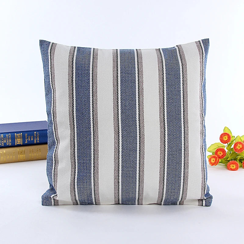 Decor Navy Blue Pure White Stripe Lined Linen Burlap Square Throw Cushion Cover Sham Euro Pillowcase With Zipper/