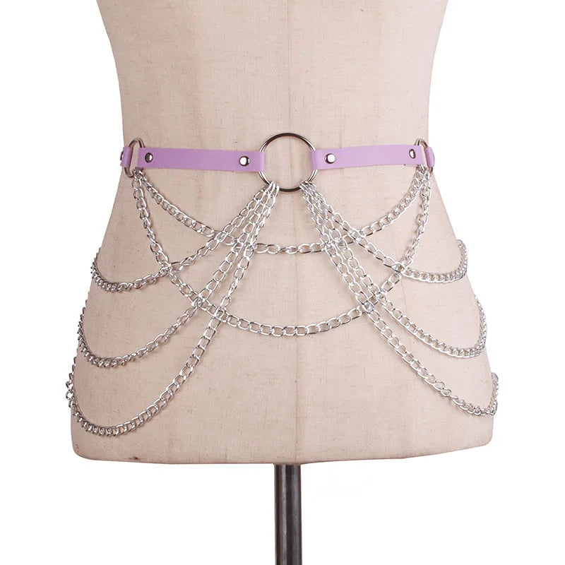 ONTHELEVEL Punk Leather Alloy Buckle Waist Chain Belt Black Harness Body Chain Ring Party Layered Belly Chains Rave Outfits
