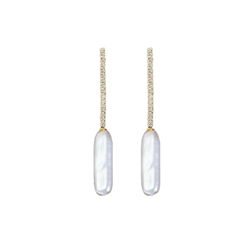 Long Chain Natural Freshwater Pearl Earrings Baroque Silver Bar S925 Sterling Silver Gold-plated Earrings