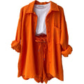 Women's Two Pieces Wrinkled Lapel Long Sleeved Shirt Outfit High Waist Drawstring Shorts Plus-size Women's Suits