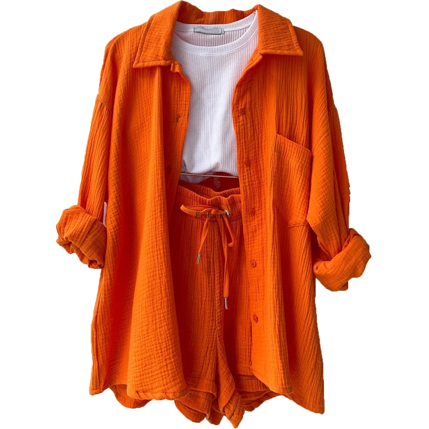 Women's Two Pieces Wrinkled Lapel Long Sleeved Shirt Outfit High Waist Drawstring Shorts Plus-size Women's Suits