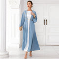 BA7016 Aarab Cardigan Turkish Dubai Robe Light Blue Cardigan With Pearl Dress Open Abaya Kaftan Dress
