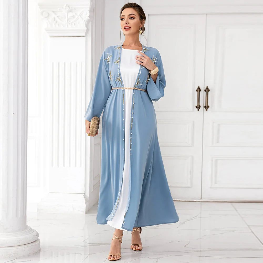BA7016 Aarab Cardigan Turkish Dubai Robe Light Blue Cardigan With Pearl Dress Open Abaya Kaftan Dress