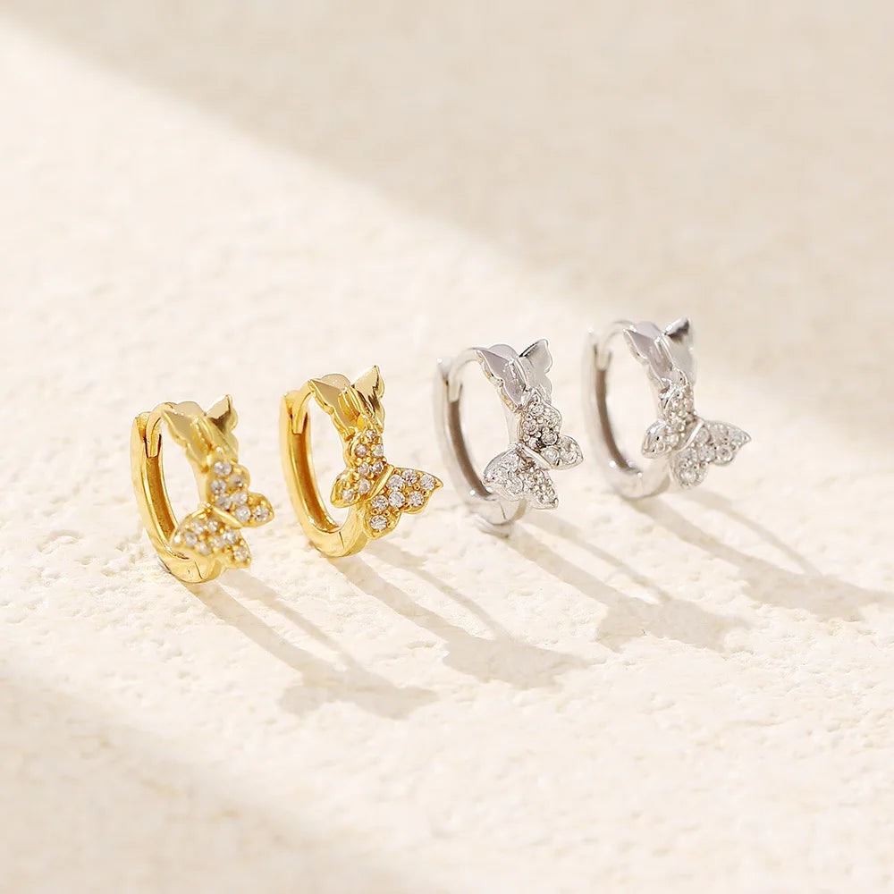 Wholesale Fashion Jewelry 925 Sterling Silver Two butterfly Diamond Cubic Zircon Gold Plated Hoop Earring Jewelry for Women