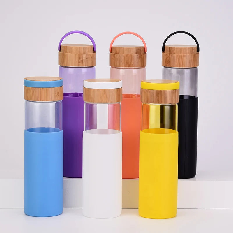 Anthropologie Inspired Borosilicate Glass Tumbler Bamboo Lid Colorful Silicone Sleeve 520ml Vacuum Insulated Leak Proof Portable