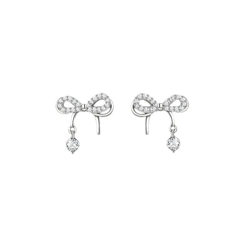 Fine Jewelry 925 Silver Ribbon Bow Tie Earring Cubic Zirconia Women's Bow Knot Earrings