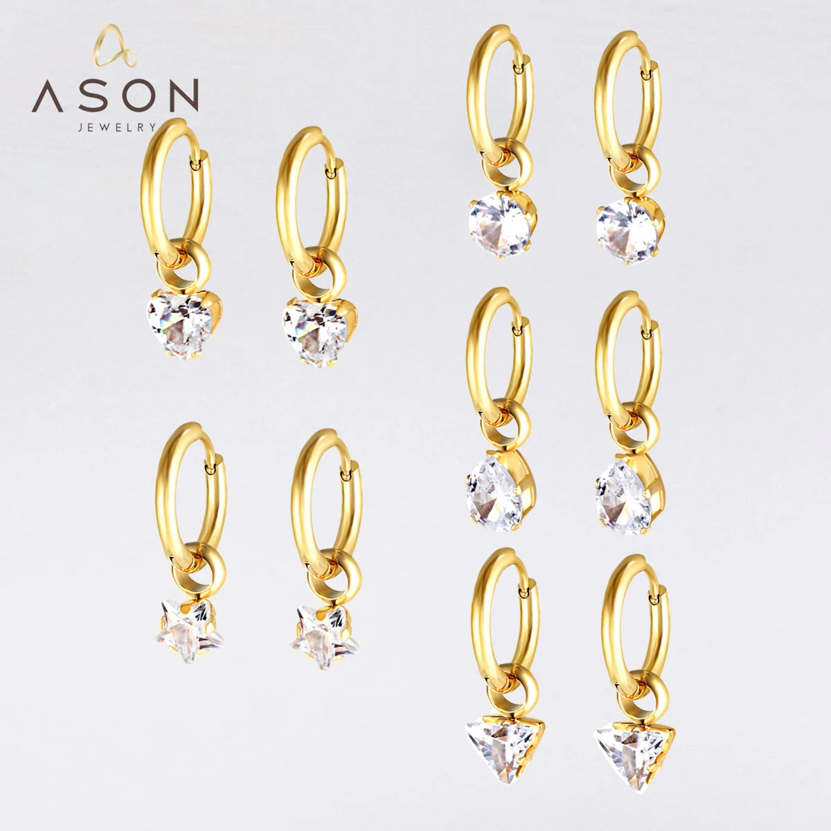 Ason New Fashion 18k Gold Plated Earrings Stainless Steel Drop Shape White Cubic Zirconia Pendant Hoop Earrings for Women