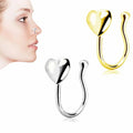 Women Stainless Steel Heart Charm Clip on Face Nose Ring Cuff Jewelry