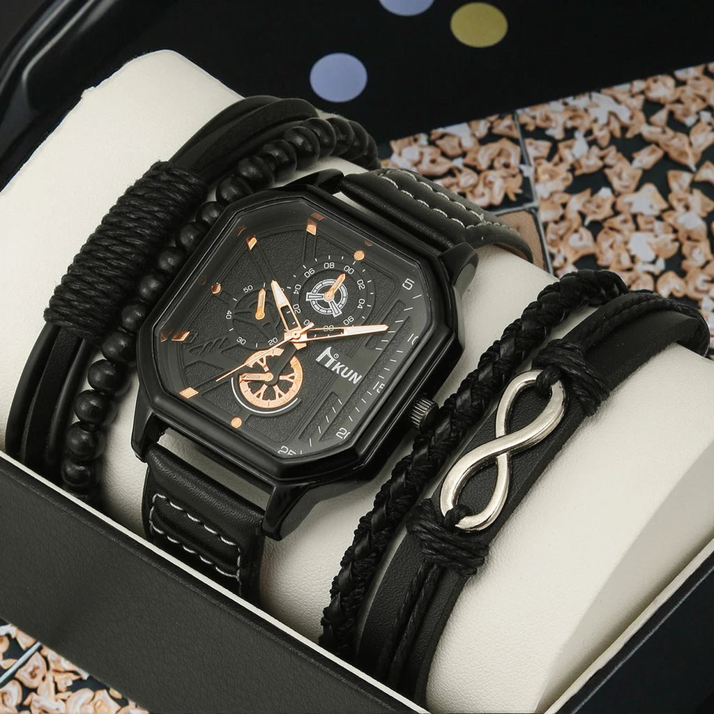 2025 Fashionable New Double-layer Square Alloy Case Glass Dial Casual Men's Sports Personalized Quartz Watch with Leather Strap MegaBDM
