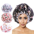 Wholesale Bath Accessories Dual Layer PE Fabric Bath Hat Waterproof Satin Lined Extra Large Shower Cap for Ladies