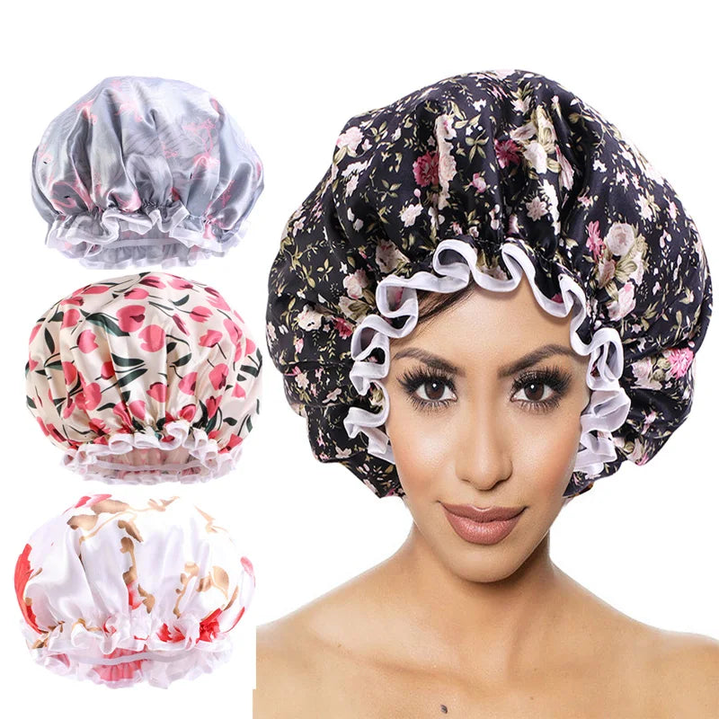 Wholesale Bath Accessories Dual Layer PE Fabric Bath Hat Waterproof Satin Lined Extra Large Shower Cap for Ladies