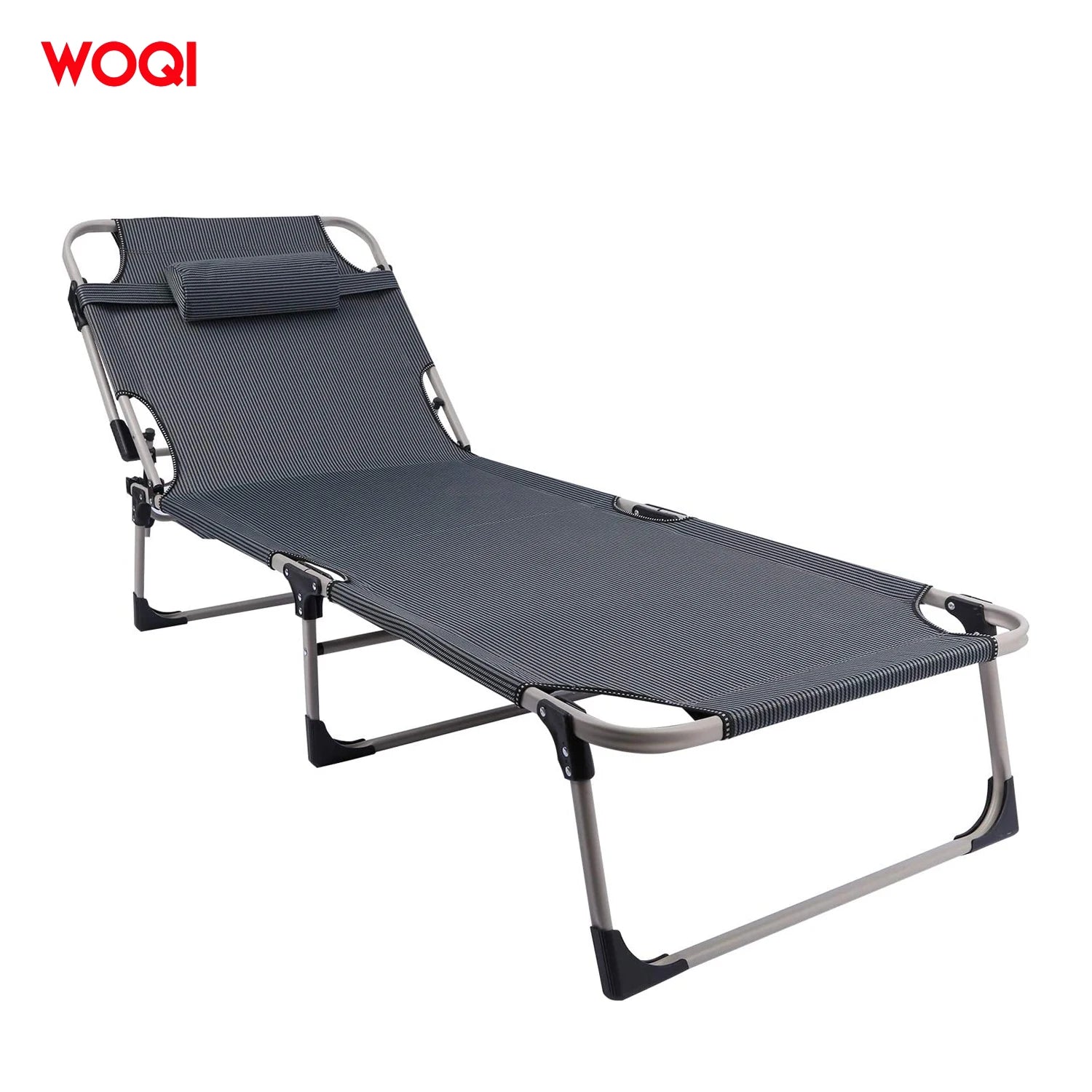 WOQI Adjustable 4-Position Reclining Folding Bed Portable Metal Steel Frame Camping Bed Pillow for Outdoor Living Room Hotel Use