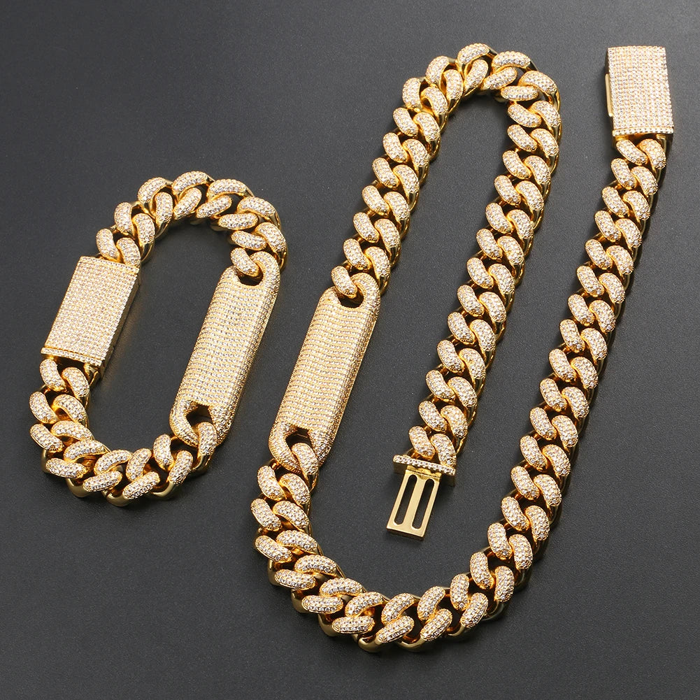 Custom Logo Hip Hop Jewelry 10mm Solid Gold Plated Brass CZ Stone Iced Out Long Strip Cuban Link Chain Necklace