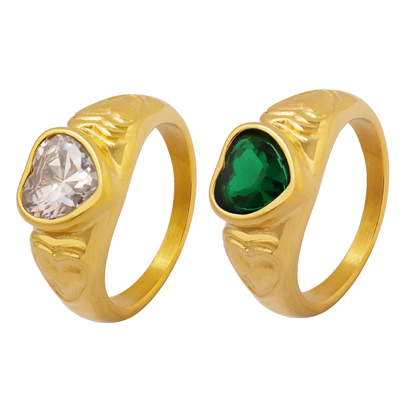 Factory Heart Glass Stone Crystal Ring Stainless Titanium Steel Fashion Jewelry Ring for Women