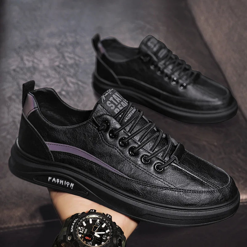 Men's Trendy Black PU Casual Sports Sneakers Breathable Waterproof Anti-Slip Lace-Up Closure New Spring Walking Style Shoes
