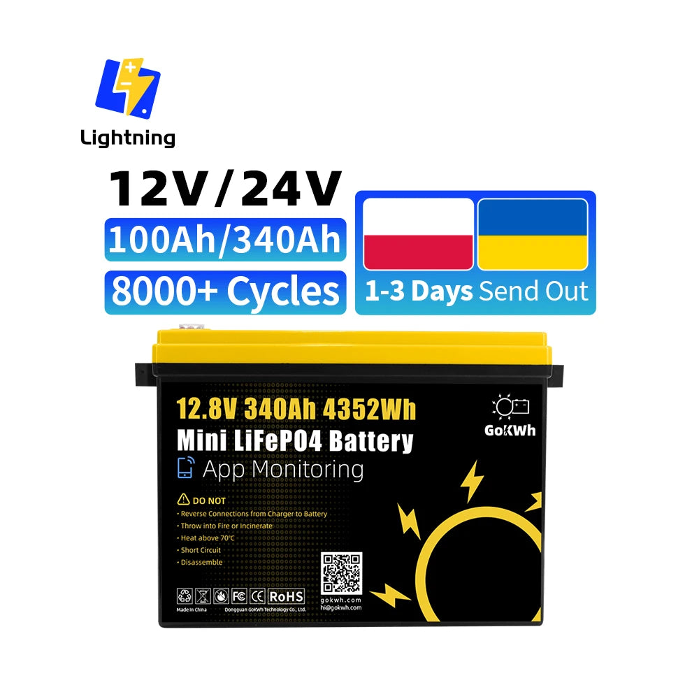 GoKWh US EU Stock Poland 12V 24V Lifepo4 Battery 12 Volt 24 V 100Ah 200Ah 300ah 400Ah LFP Lithium Ion Battery Pack Boat RV Solar