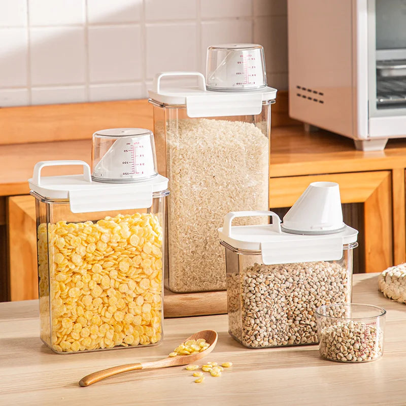 Kitchen Organization Set Airtight Multigrain Storage Container with Measuring Cup for Cereal Dry Food Rice Storage