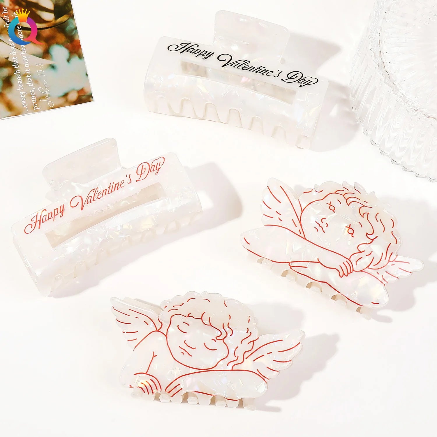 QIYUE Pearl White Acrylic  Hair Claw Happy Valentine's Day Cupid Hair Clip