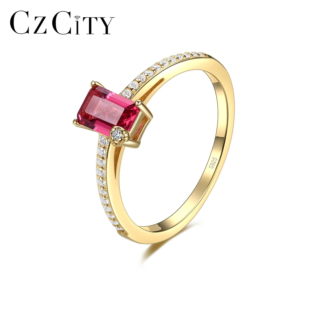 CZCITY Luxury Gold Plated 925 Sterling Silver Ruby Engagement Rings Women Fashion Finger Rings