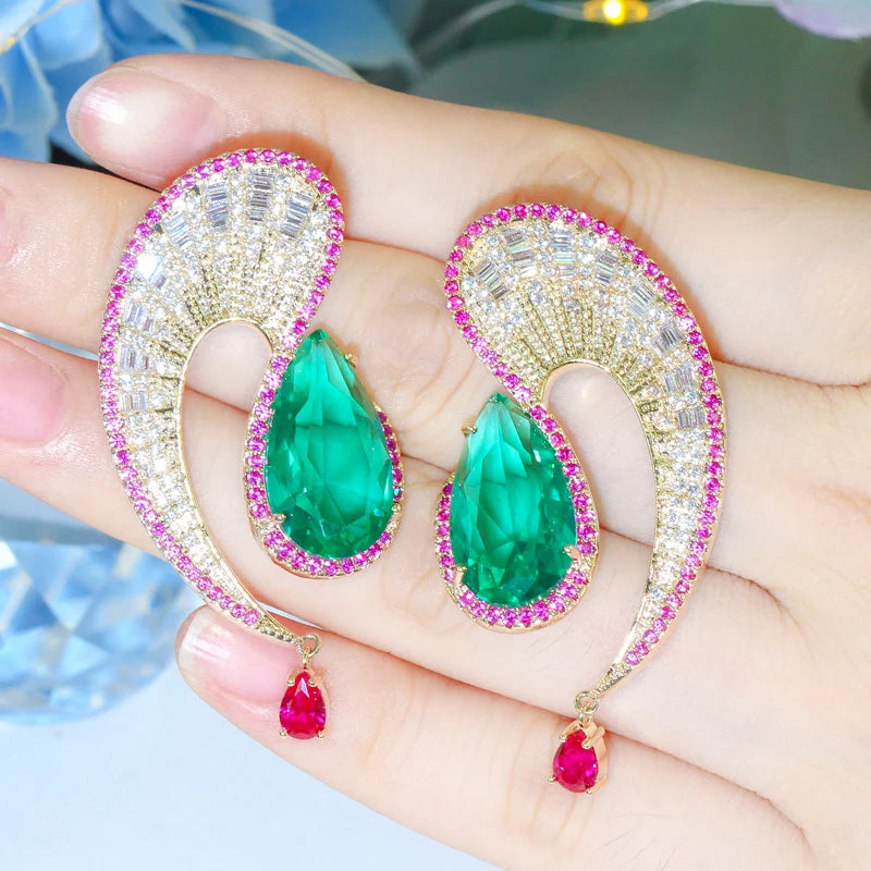 New Trendy Symmetrical Gold Plated Half Round Cubic Zirconia Dangle Green Water Drop Moon Shape Earrings for Women Prom Fashion