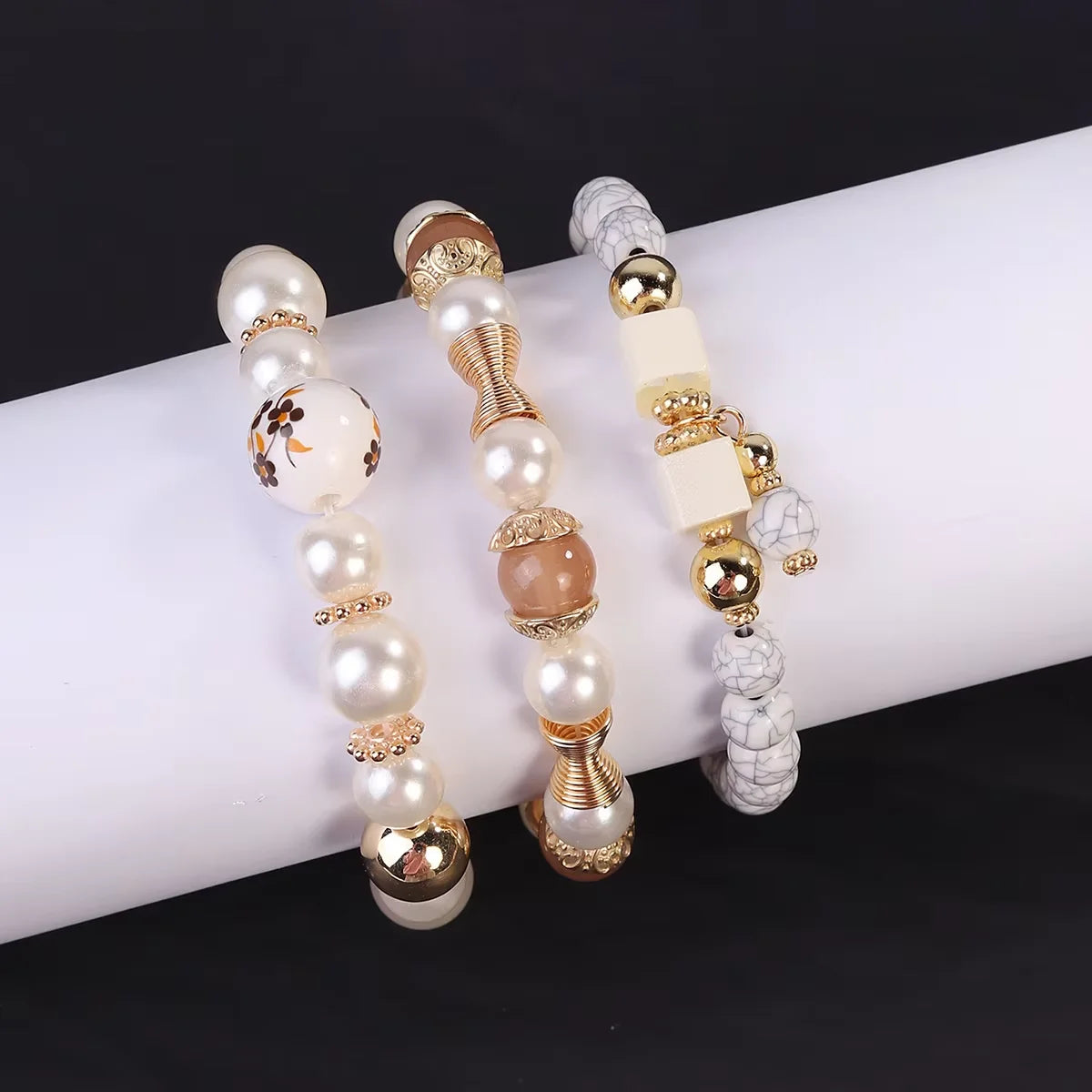 New Trend Boho Chic Cube Crackle Bead Jewelry Pendant Imitation Pearl Stretch Porcelain Beads Bracelet