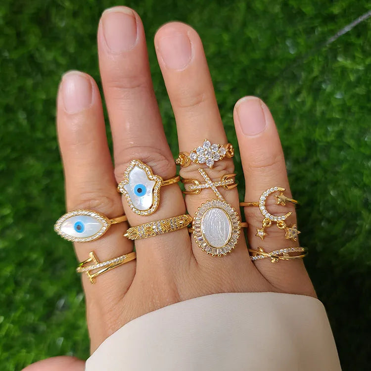RM1208 Chic Dainty Diamond CZ Micro Pave White Mop Shell Mary Hamsa Hand Evil Eyes Crown Finger Rings for Ladies Women