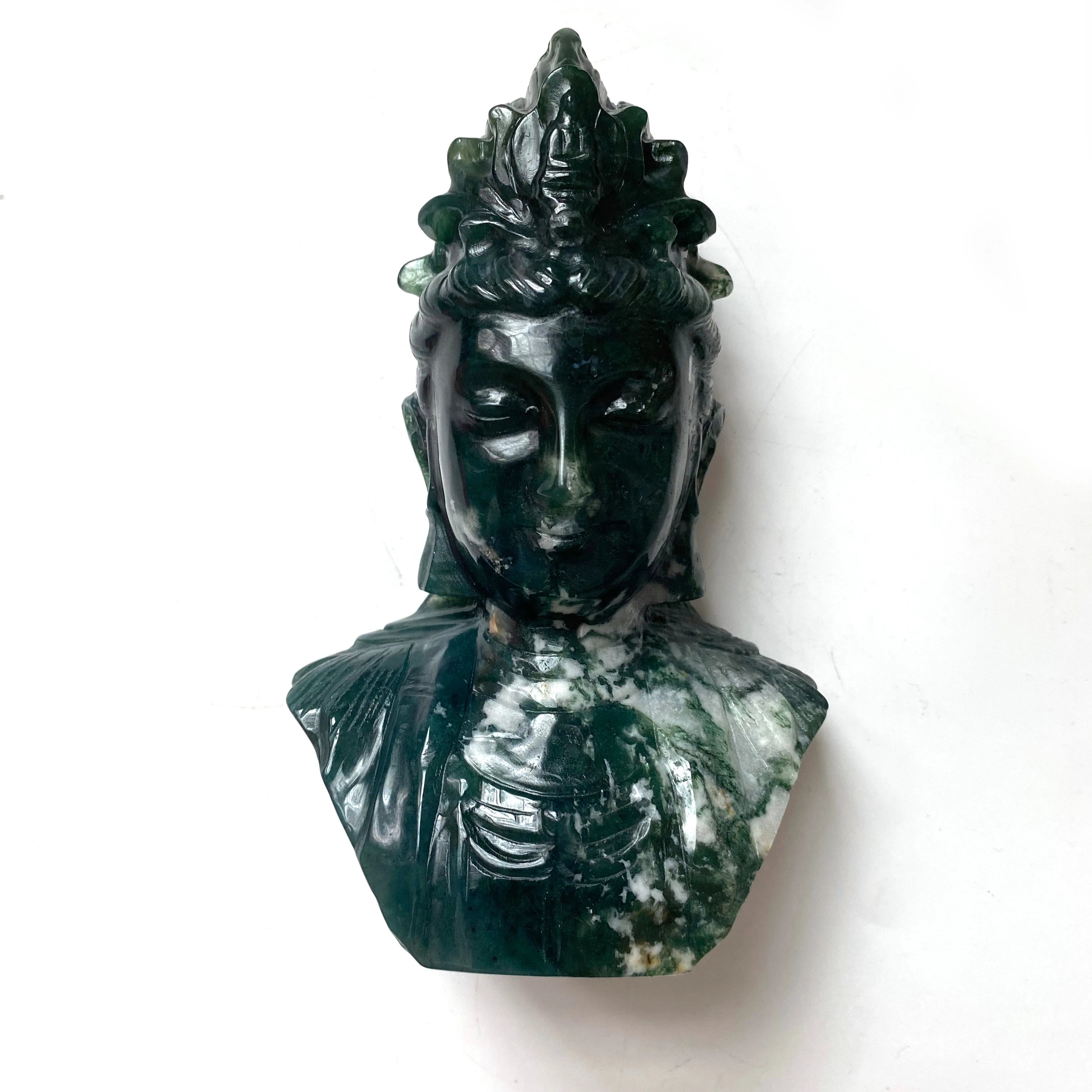 Factory Production Natural Crystal Handmade Moss Agate Avalokitesvara Statue Buddha Carving for Fengshui