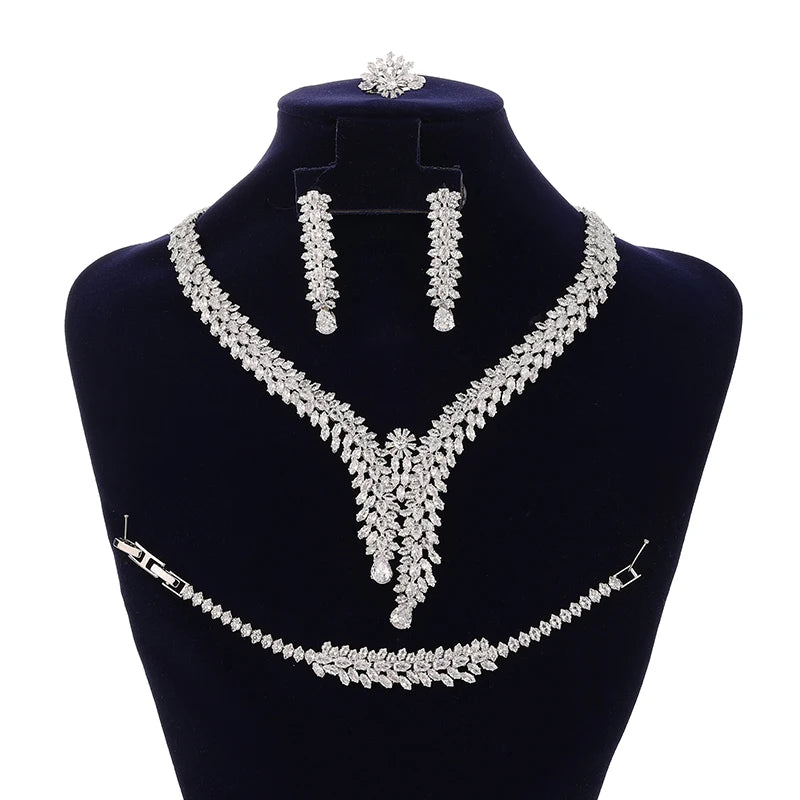 Drop Shipping Vintage Luxury Zircon Necklace Bracelet Earrings Ring Wedding 4pcs Dinner Jewelry Sets Exquisite Set BN8151