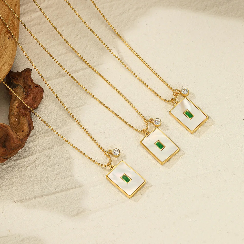 Stylish Gold Plating Cubic Zircon Square Shape Pendant Necklace No Fade Stainless Steel Shell Tags Necklace