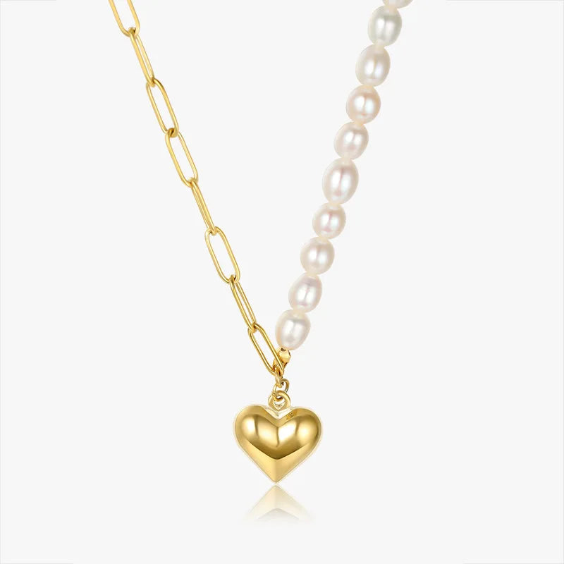 Moge Kalung Ladies Fashion Jewellery Splicing Heart Pendant Half Paper Clip Chain Freshwater Pearl Necklace Women