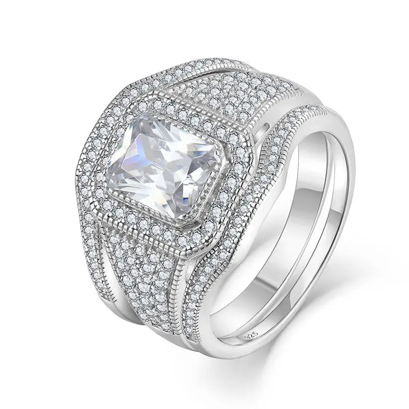 YH Jewellery Men's 925 Sterling Silver Wedding Ring Set Classic Style with Square Cut White Zircon Rhodium Plated for Parties