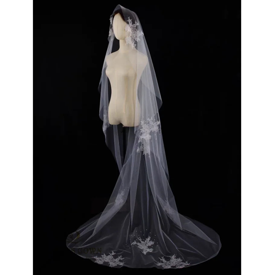 QUEENS GOWN Exquisite Soft Mesh Wedding Veil Embroidered Flower Lace Transparent Accessories for Wedding