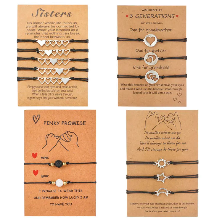 SC Wholesale Handmade Card Bracelets Gift Fashion Stainless Steel Heart Sisters 3 Generations Friendship Couple Bracelet Sets