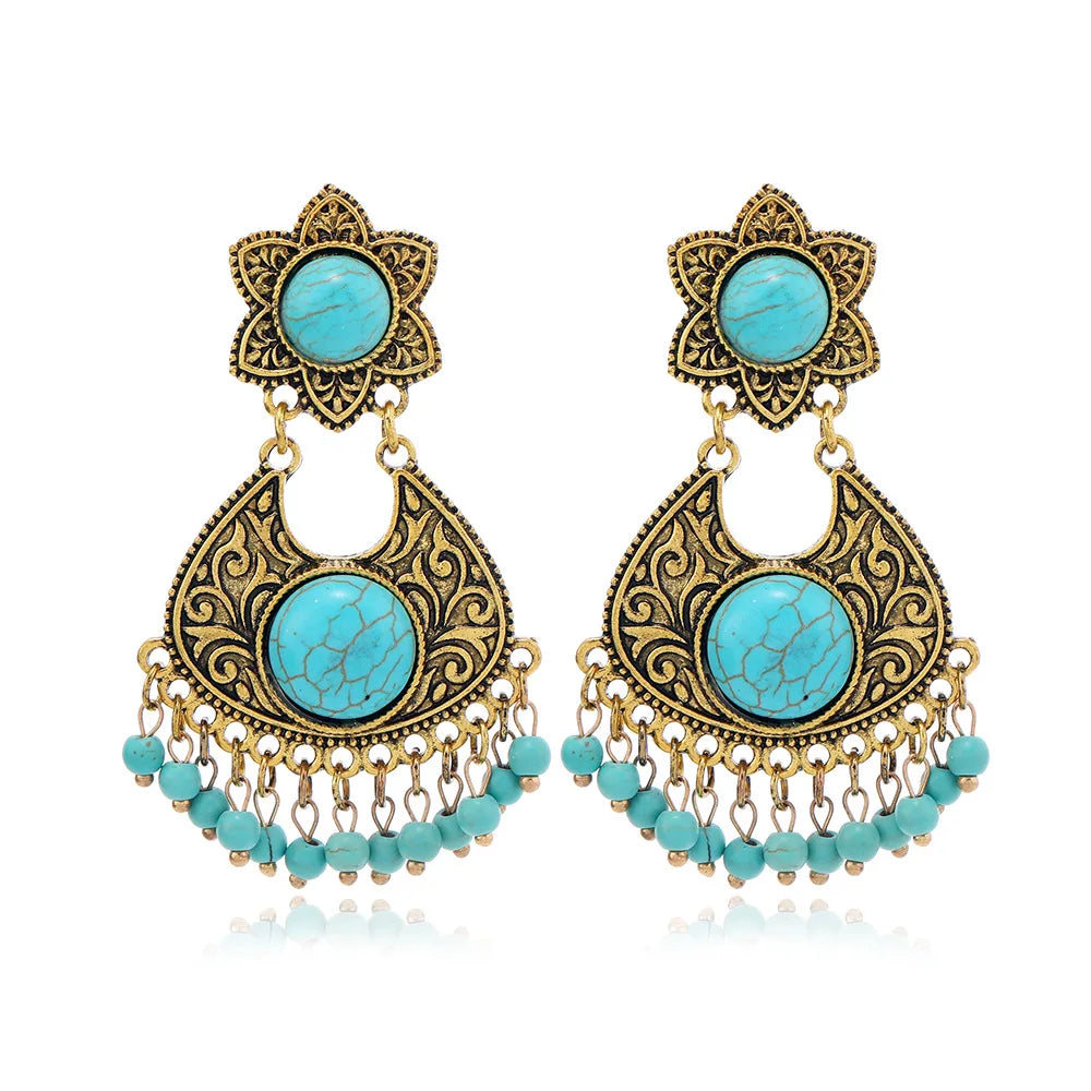 Wholesale Vintage Fashion Bohemian Large Turquoise Western Earrings for Ladies Gold Plated Flower Shape Cheap Price