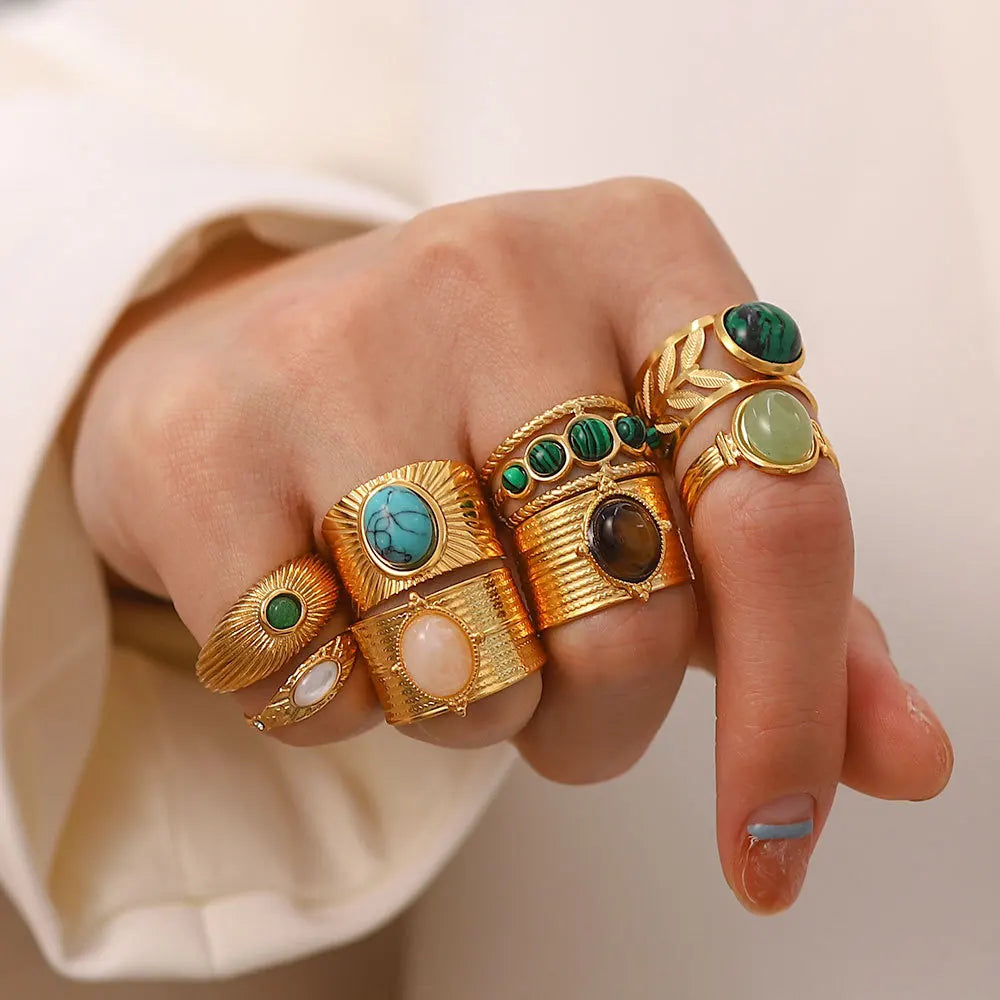 2025 Fashion New Stainless Steel 18K Gold Natural Stone Open Ring 18K Stainless Steel Geometry Female Rings Jewelry Party Gift