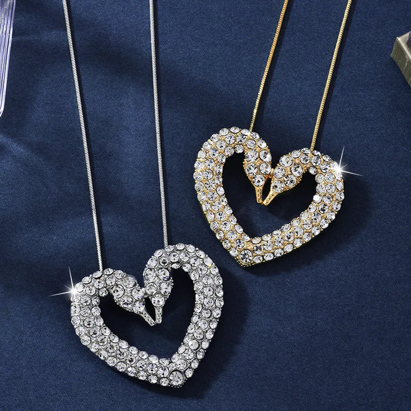 Love Swan Sweater Chain Only love Eternal Double Crystal Swan Hollow Heart Necklace Women's Clothing Accessories Wholesale