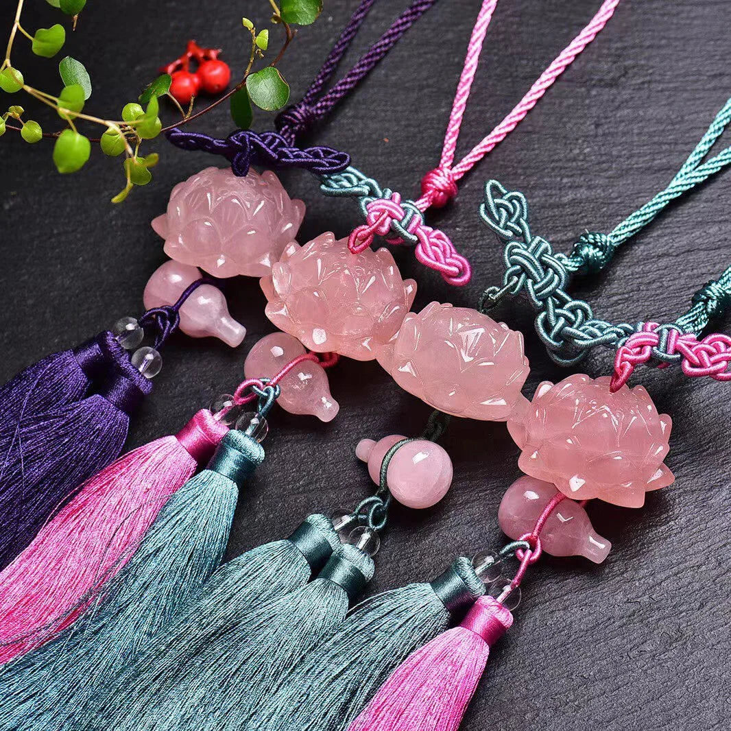 Wholesale Natural Handmade Carving Lotus Gourd Rose Quartz Gemstone Car Hanger Pendant